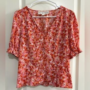 Hiatus Floral V-Neck Blouse Puff Sleeve- Red and Pink